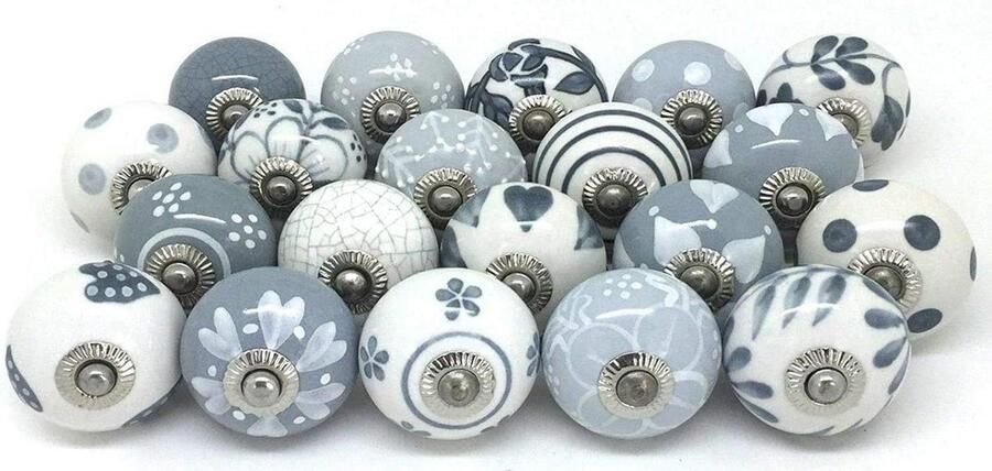20 Indiase keramische knoppen grijs-wit voor laden commode kast badkamer keuken
