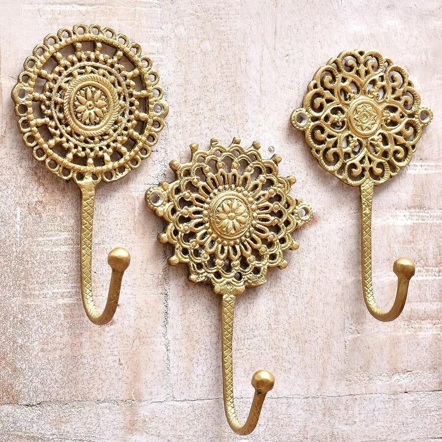 Indiase plank 3 wandhaken Gouden decoratieve wandhaken Boho messing Shabby Chic haken Unieke Boho kapstok Gouden vintage haken om jassen op te hangen