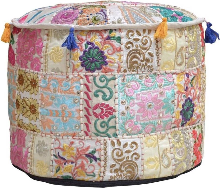 Indiase Poef voetenbank Etnische geborduurde poef hoes Indiase katoen ronde poef hoes Ottomaanse poef Hoes kussen etnische decor kunst Alleen Hoes (18x13) (Beige)