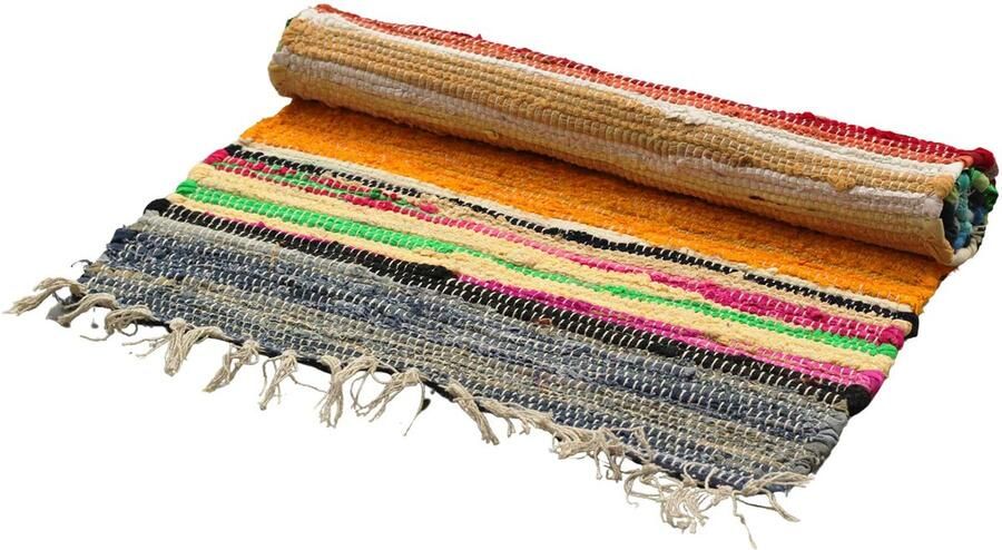 Indiase Recyclagetapijt – 50x90cm – premium kwaliteit – Regenboogkleuren Gemaakt van gerecycleerde textielresten. Authentiek Duurzaam en Stijlvol