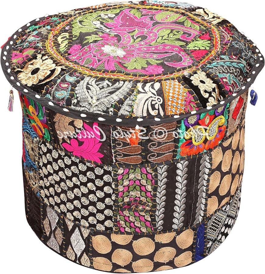 Indisch geborduurd patchwork katoenen Ottomaanse poef voetenbankhoes zwart traditioneel ronde hoes 45cm alleen cover