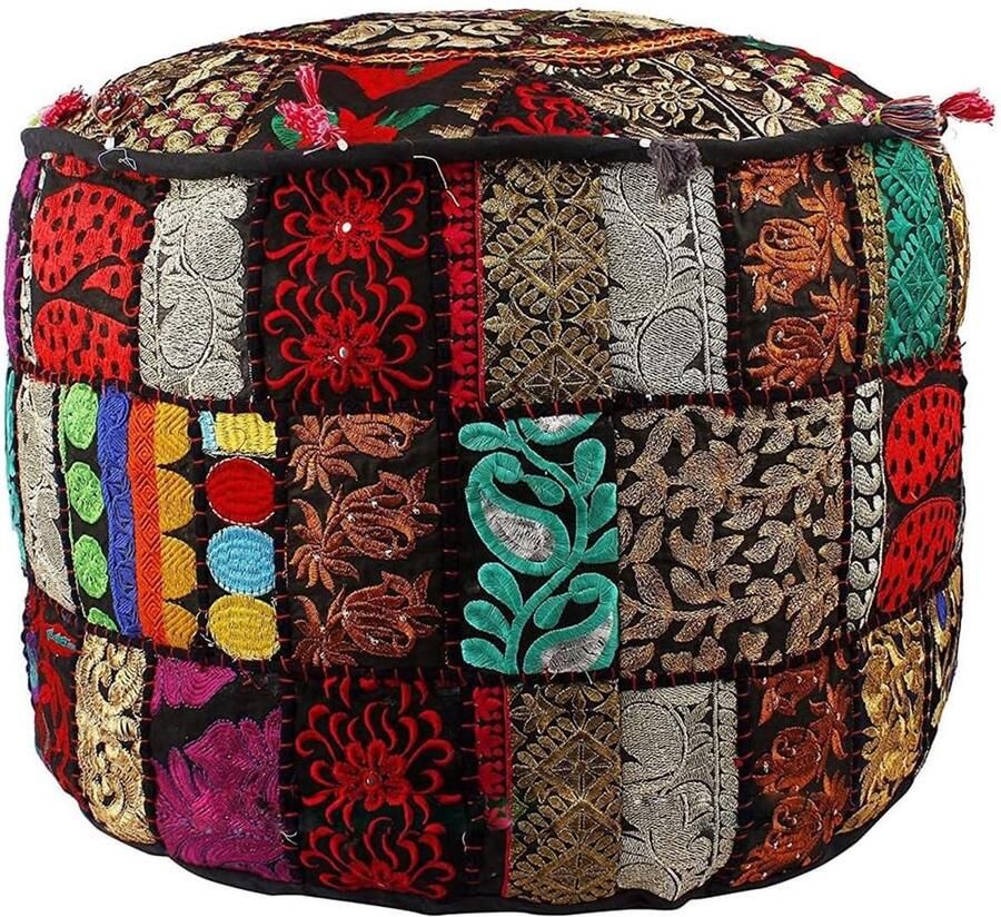 Indische poef met geborduurde etnische decoratie van katoen Zwarte zitzakhoes 46 x 33 cm