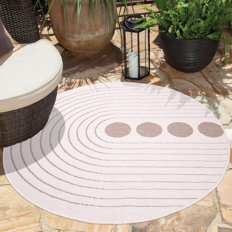 Indoor en outdoor tapijt beige crème omkeerbaar tapijt 160 cm rond cirkelpatroon weerbestendig voor balkon terras moderne tapijten voor binnen woonkamer keuken