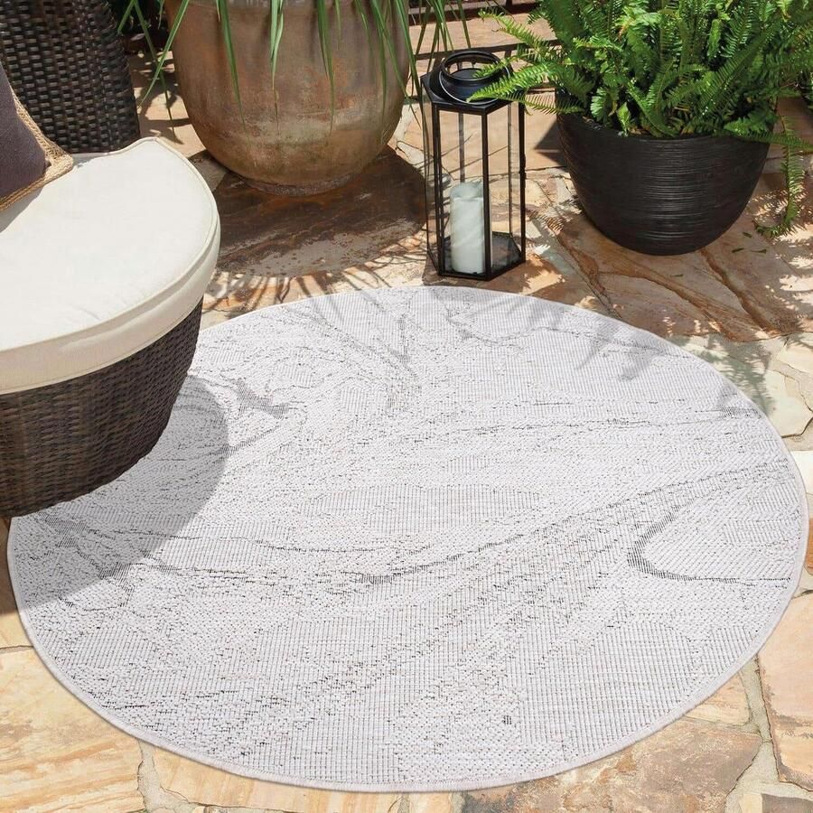 Indoor & Outdoor tapijt crème-wit grijs omkeerbaar tapijt 160 cm rond abstract gemêleerd weerbestendig voor balkon terras moderne tapijten voor binnen woonkamer keuken