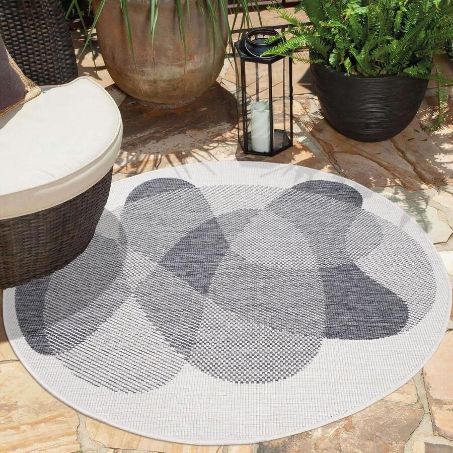 Indoor & outdoor tapijt grijs crème omkeerbaar tapijt 160 cm rond abstract geo-patroon weerbestendig voor balkon terras moderne tapijten voor binnen woonkamer keuken