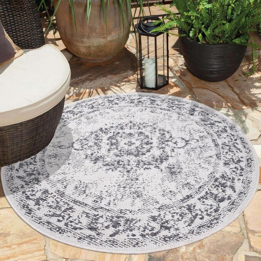 Indoor en outdoor tapijt grijs omkeerbaar tapijt 160 cm rond ornamenten weerbestendig voor balkon terras moderne tapijten voor binnen woonkamer en keuken