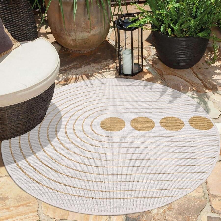 Indoor & outdoor tapijt okergeel crème omkeerbaar tapijt 160 cm rond cirkelpatroon weerbestendig voor balkon terras moderne tapijten voor binnen woonkamer keuken