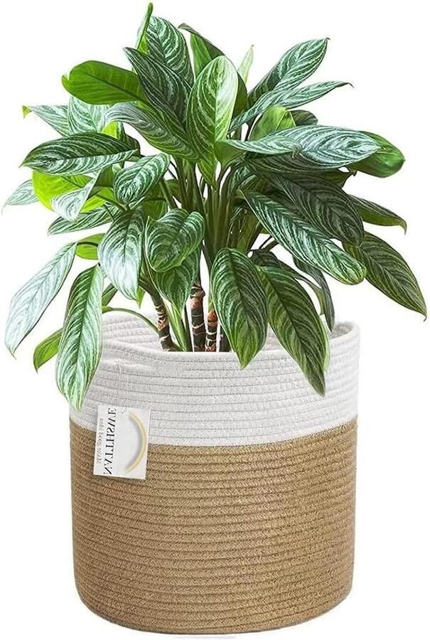 Indoor geweven plantenmand met voering voor 7 inch plantenbak bloempotten van katoen touw en jute decoratieve opvouwbare wasmand voor huishoudelijke opslag