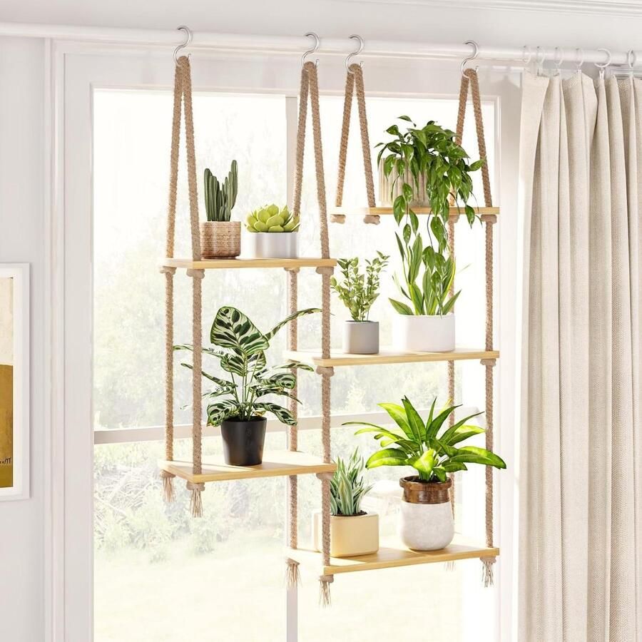 Indoor Boho Hangende Plantenplank 5-tier Hout Plant Stand Wandplank voor Meerdere Planten Hanger Bloem Plank voor Muur Vensterbank Woonkamer Decor Tuin Boho Decor