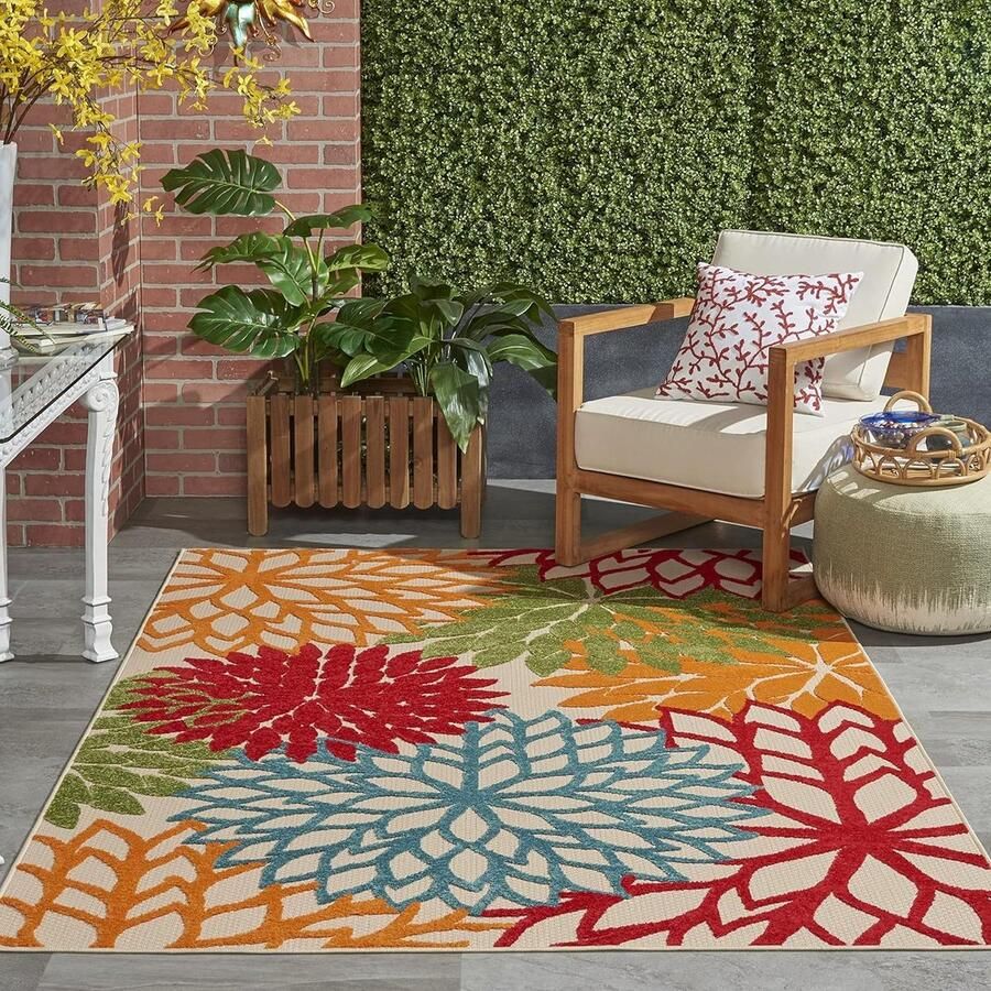 Indoor-Outdoor Floral Area Rug 3'6X5'6 Groen Aloha ALH05 Modern Bouquet Pattern