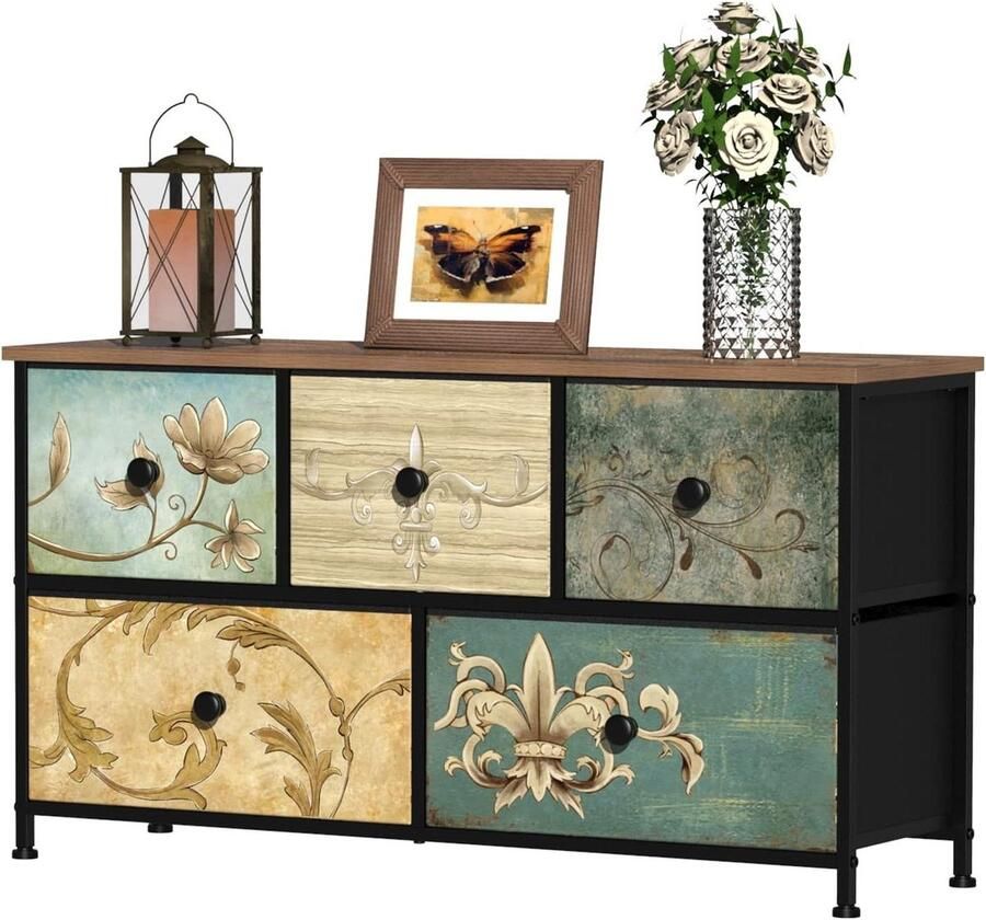 Industrial 5 Drawer Chest of Drawers TV Cabinet with Metal Frame Wooden Surface for Living Room Children's Room Hallway Rustic