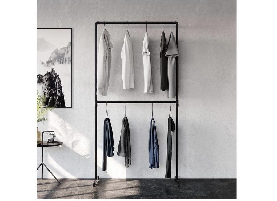 Industrial Design kledingrek LAS- vrijstaande kapstok voor inloopkast muur I kledingrek gemaakt van zwarte stevige buizen vrijstaand van waterbuizen