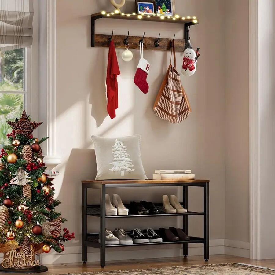 Industrial Wall-Mounted Coat Rack with 7 Hooks & Shelf – Dark Brown Black – For Hallway Living Room & Kitchen