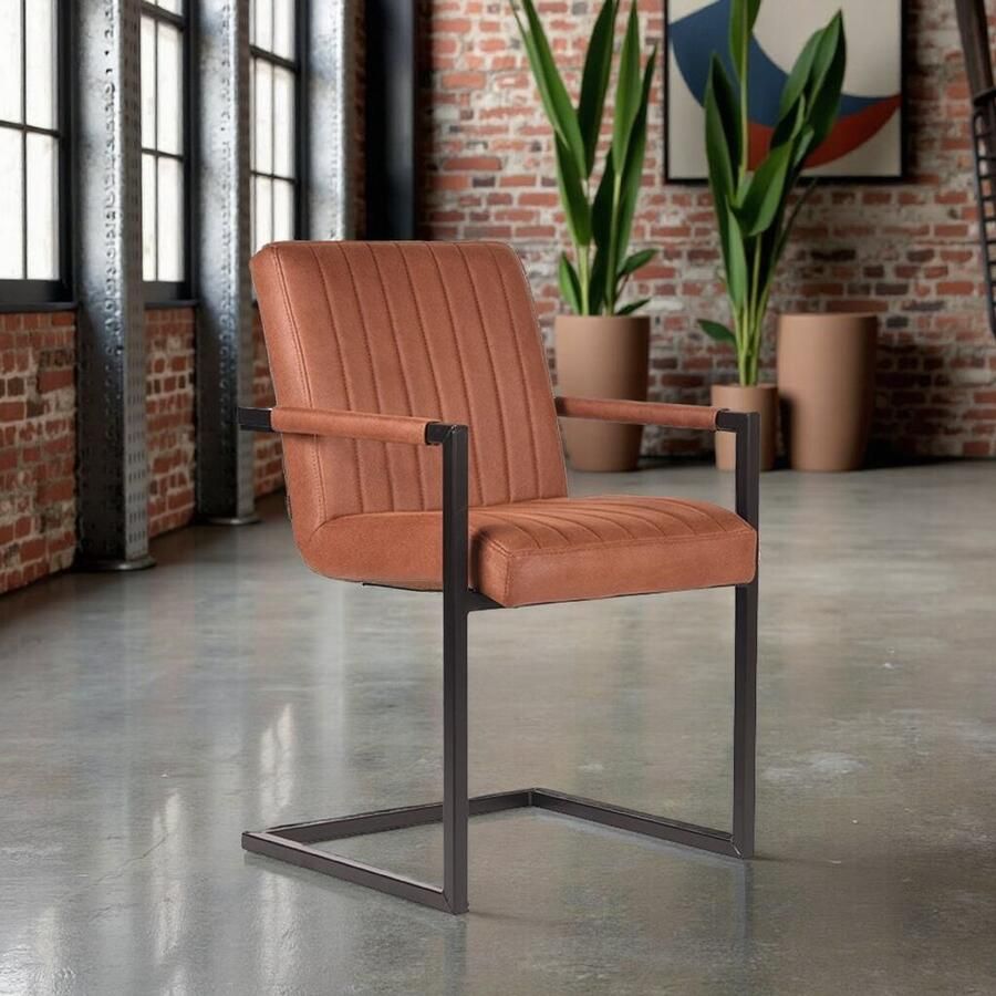 Industrialhome Eetkamerstoel Torino – Cognac Microvezel – 55x55x85 cm – Comfortabele Designstoel met Armleuningen & Zwart Metalen Frame – Industrieel & Trendy - Foto 2