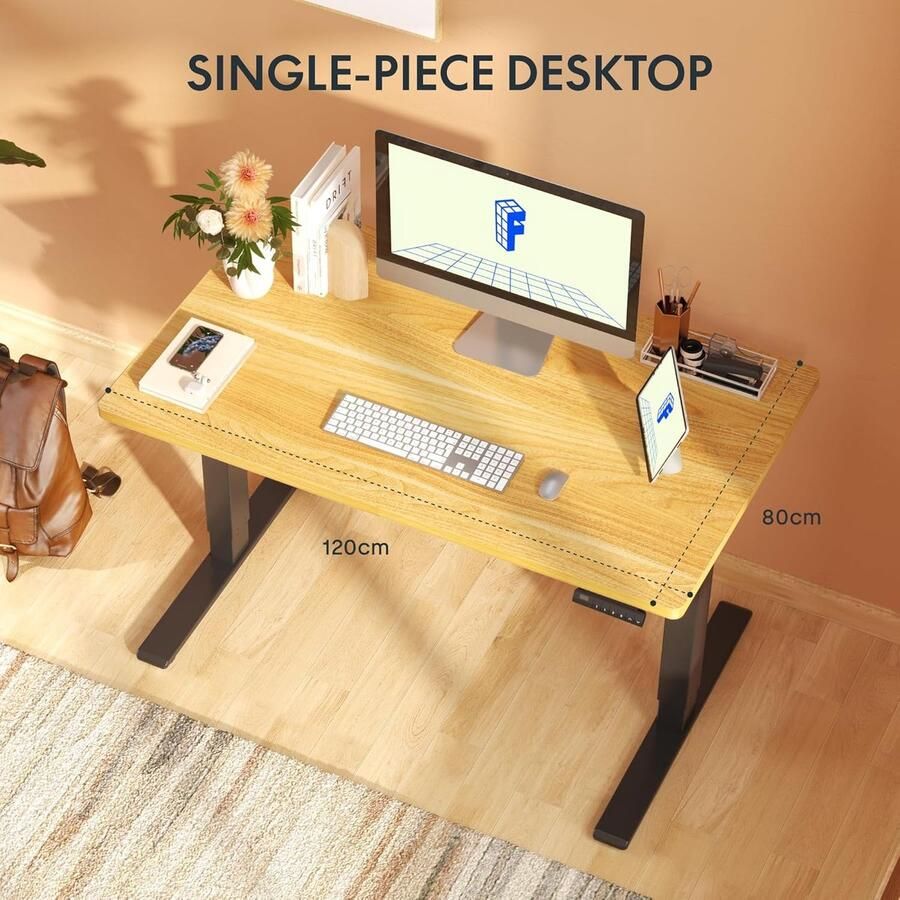 Industrialhome Ergonomisch Elektrisch Zit-Sta Bureau – 120x80 cm Hoogte Verstelbaar Bureau met Dubbele Motoren Massief Esdoorn Tafelblad Wit Frame