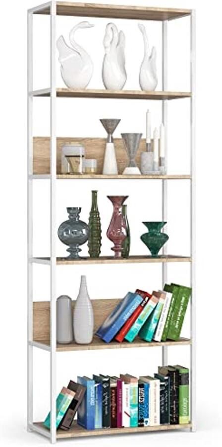 Industrieel boekenkast 70 cm Loft stijl Functioneel en stabiel 6 planken Wit en Eiken B70 x H192 x D32 cm