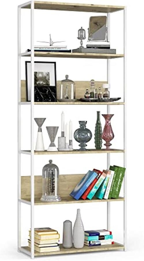 Industrieel boekenrek 80 cm Moderne boekenkast met 6 planken Functioneel en stabiel design Wit Artisan eiken