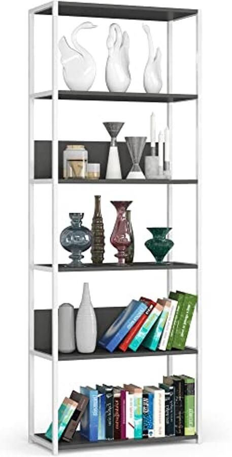 Industrieel Boekenrek met 6 Legplanken Moderne Kast voor Wand Wit Grijs 70 cm