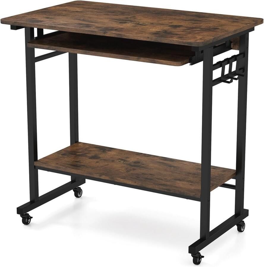 Industrieel Bureau met Vergrendelbare Wielen en Toetsenbordlade voor Thuis of Kantoor 80 x 50 x 78 cm