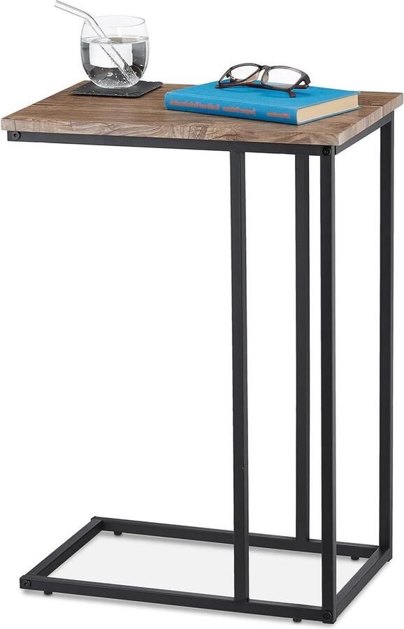 Bijzettafel industrieel design u-vorm metaal-houtlook grijs-bruin zwart 66x46x30cm - Foto 2