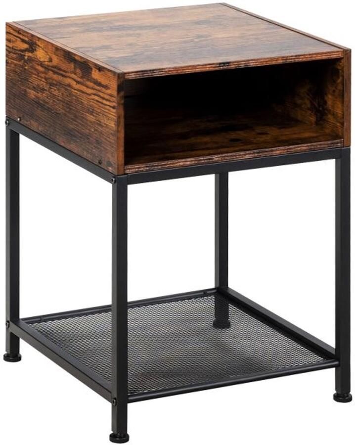 Industrieel Design Nachtkastje – Houten Plank en Open Opbergvak Bruin Zwart