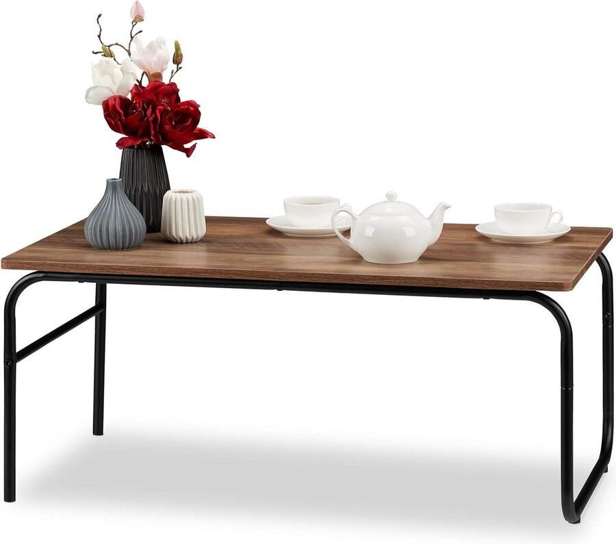 Industrieel design salontafel laag en rechthoekig materiaalmix houtlook woonkamer bruin zwart