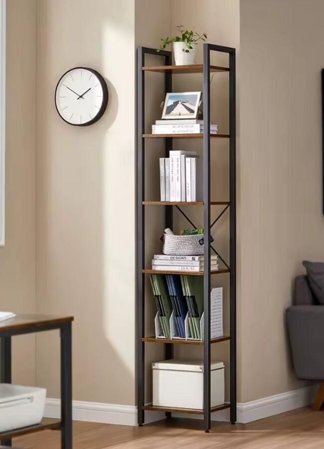 Industrieel design smalle hoge boekenplank 186 cm Stalen frame & houten planken Compacte opbergrek voor woonkamer kantoor & slaapkamer Vintage wandrek 6 lagen