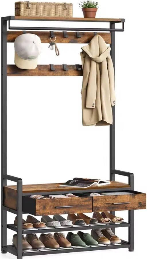 Industrieel Kapstok met Schoenenrek en Zitbank – 6-in-1 Halmeubel – Met Haken Lades en Opbergruimte – Metaal en Hout – 181 6 cm Hoog – Garderoberek voor Hal Gang of Entree