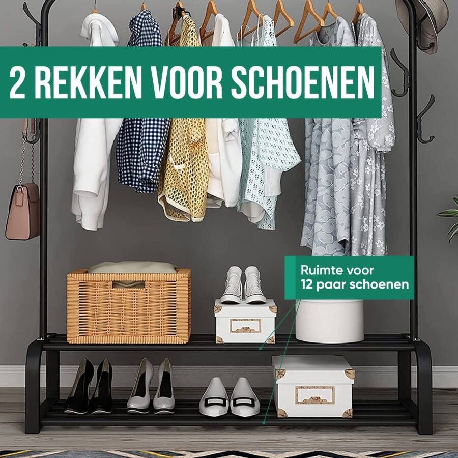 Industrieel Kledingrek Metaal 110x33x150 CM Zwart Opbergruimte Voor Schoenen Garderoberek Met Haken