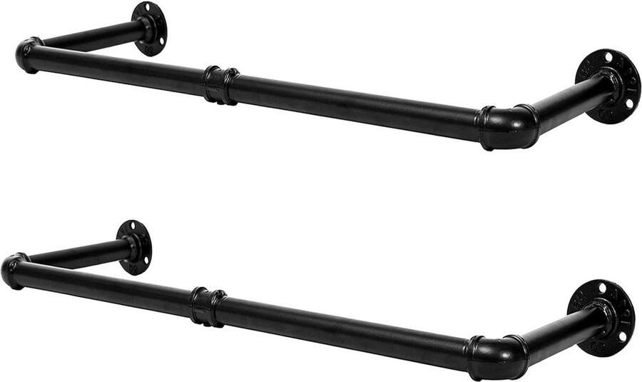 Kledingrek Industrieel pijpen 2-delige set-Wandgemonteerde ophangbalk-ruimtebesparend-755 x 25 x 2.5 cm-maximaal 50 kg-zwart EBK01BJ01