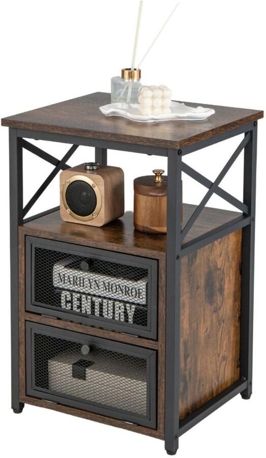 Industrieel nachtkastje bijzettafel – 2 vakken en 2 planken metalen frame 60 5x40x35 cm