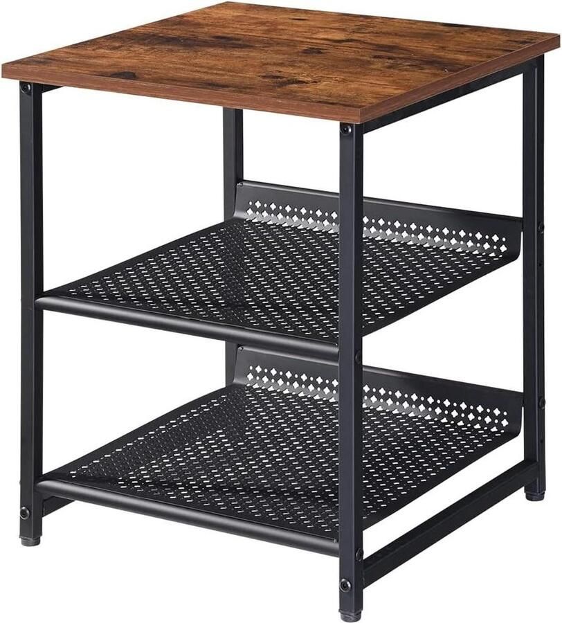 Industriële stijl bijzettafel nachtkastje banktafel 42 x 42 x 52 cm verstelbare mesh-planken eenvoudige montage woonkamer slaapkamer kantoor hout en metaal rustiek bruin
