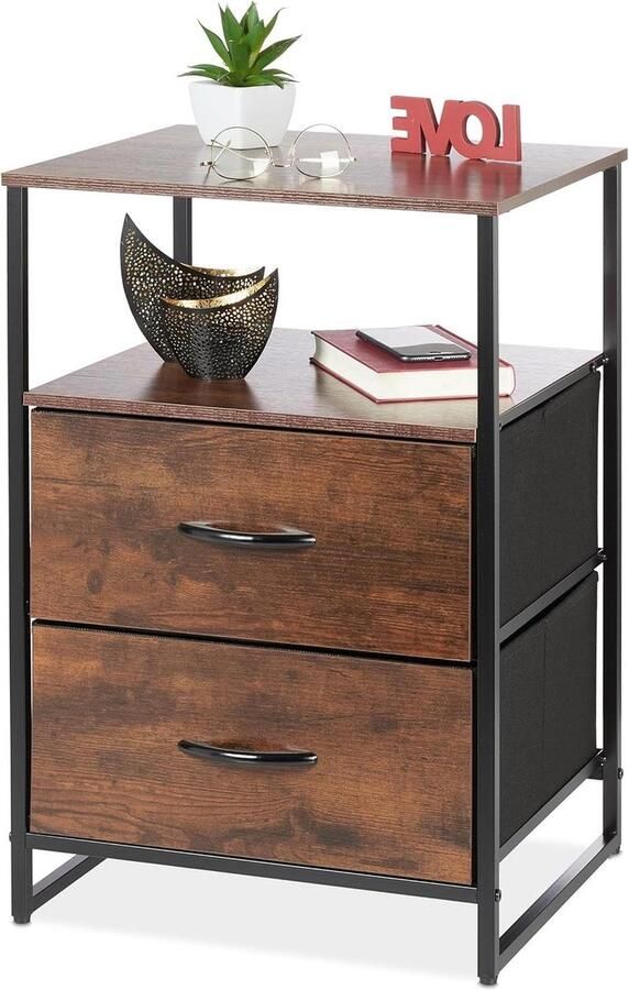 Nachtkastje met 2 planken en 2 lades Industrieel Houtlook HxBxD 70 x 45 x 40 cm Bijzetkastje Zwart Bruin Nachtkastje