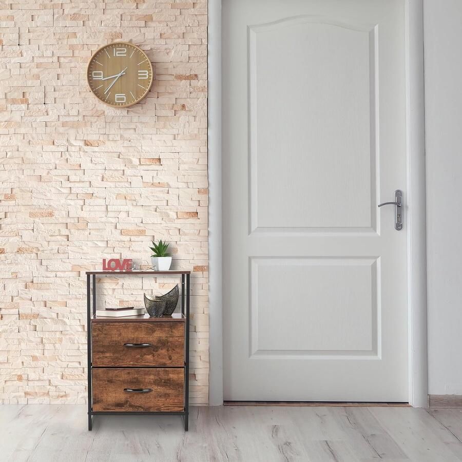 Industrieel nachtkastje met 2 planken en 2 lades houtlook 70x45x40 cm zwart bruin nachtkastje zwart 60 cm hoog