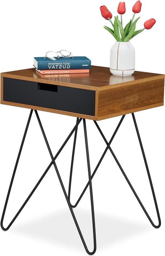 Industrieel nachtkastje met lade vierkant walnootlook HBT 62x48x40 cm bruin zwart