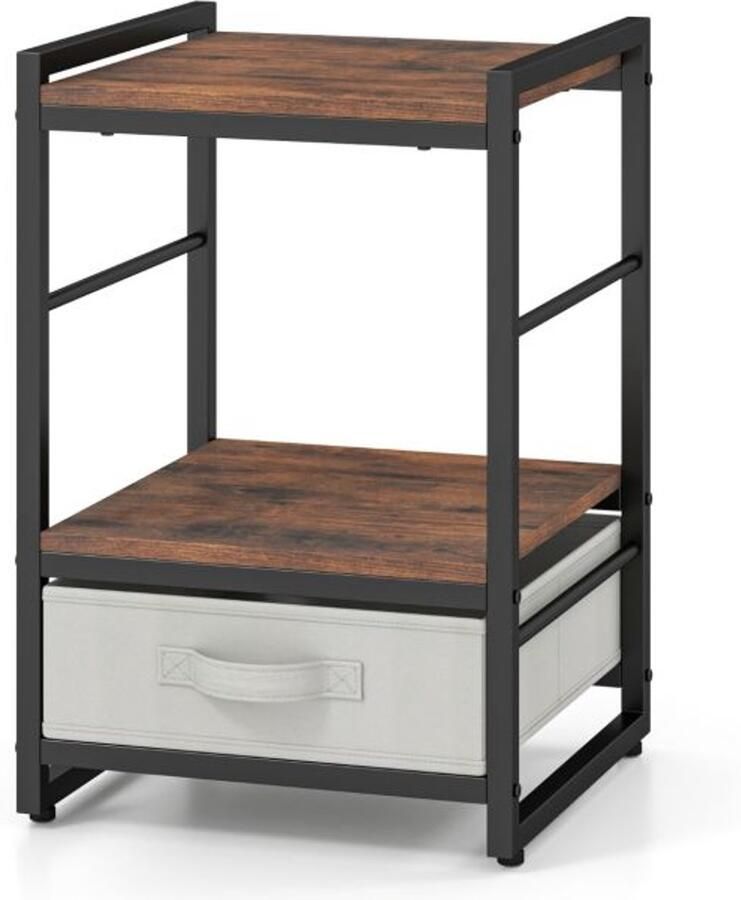 Industrieel Nachtkastje met Open Plank en Stoffen Lade – Vierkante Bijzettafel 40 cm Rustiek Bruin