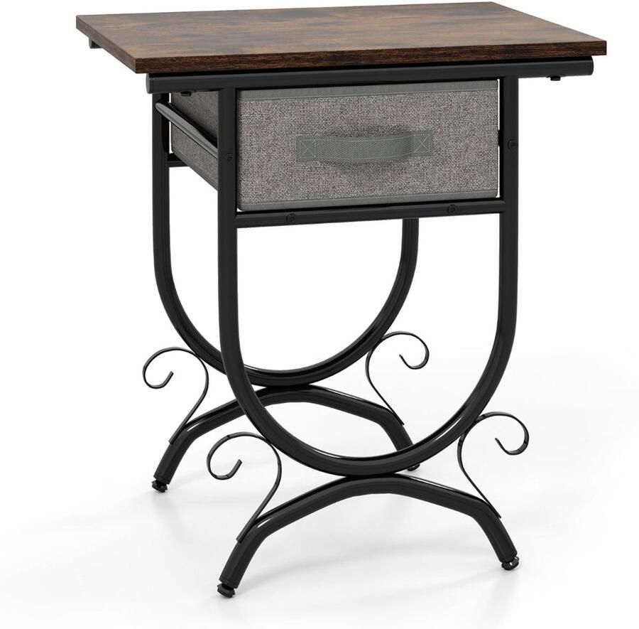 Industrieel nachtkastje met stoffen lade – 2 lagen compact houten blad multifunctioneel als banktafel