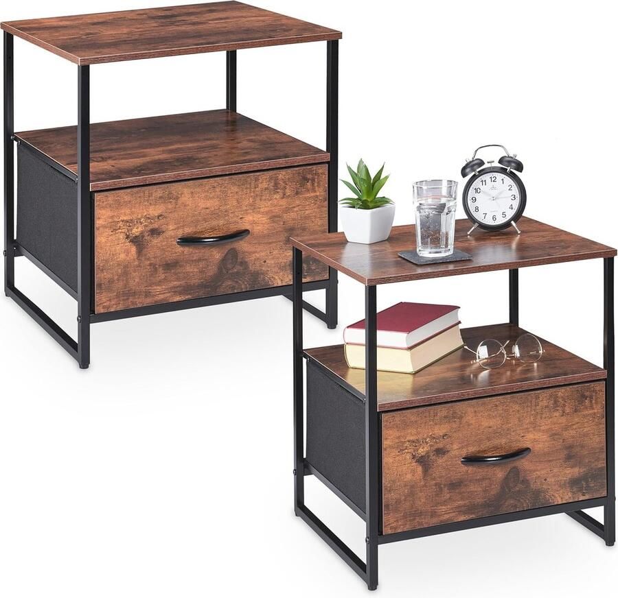 Industrieel nachtkastje set van 2 met lade zwart en bruin 50 x 45 x 42 5 cm