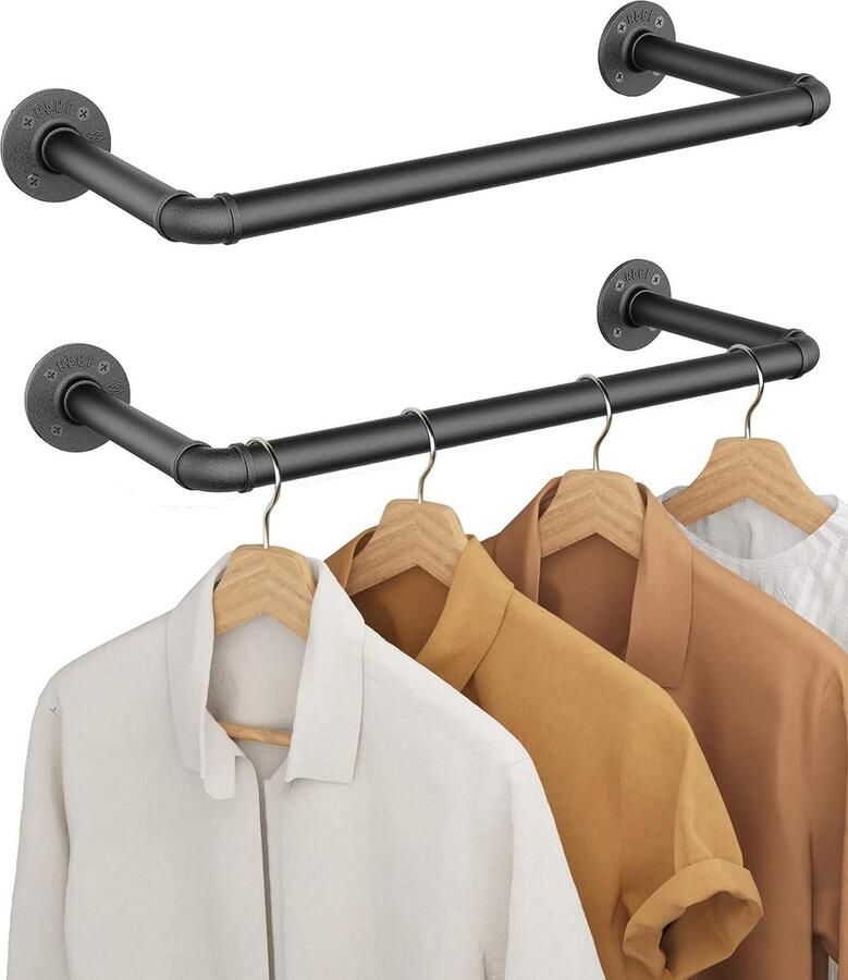 Industrieel pijp kledingrek muur bevestigd afneembaar Retro metalen kledinghangertje zwart 49cm set van 2 stuks HTML content nodig Kapstok