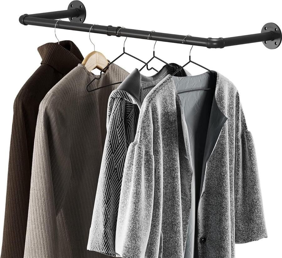 Industrieel pijpkledingrek Wandgemonteerd kledingrek Zwaar ruimtebesparend kledingrek Barrek Verwijderbare multifunctionele hangstang 36 inch (zwart)