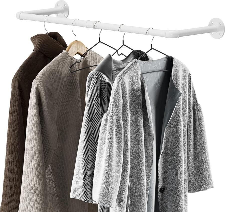 Industrieel Pijpkledingrek Wandgemonteerd kledingrek Zware ruimtebesparende kledingstang Barrek Verwijderbare multifunctionele hangstang 24 inch (wit)