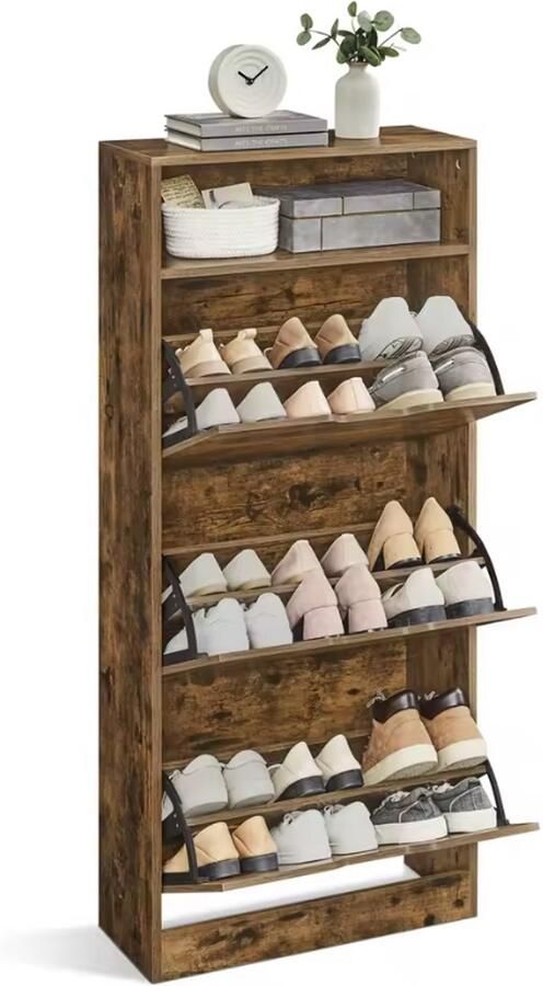 Industrieel Schoenenrek Kast met 3 Kleppen – Vintage Hout – Ruimtebesparende Schoenenkast met Opbergruimte – 60x24x139 cm – Voor 12-18 Paar Schoenen