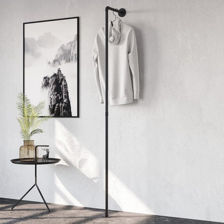 Industrieel Wand Kledingrek voor Hal of Slaapkamer Zwarte Kledingstang van Stabiele Stalen Buizen