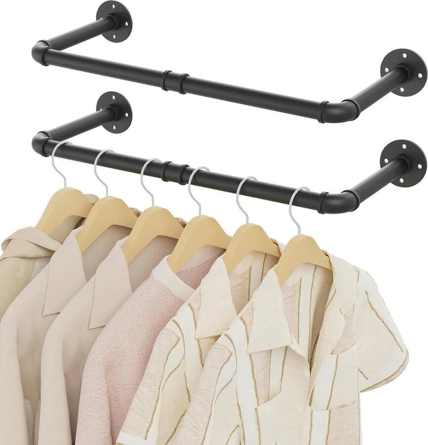 Industrieel Wandgemonteerd Kledingrek 64 cm Zwart Kledinghangstang voor Kastopslag (2 stuks)