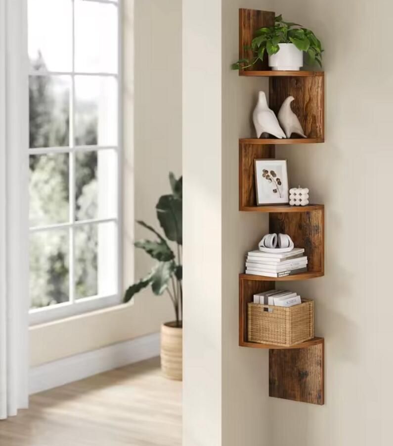 Industrieel Wandrek Hoek Wandplank Hout 5-Lagen Hoekplank Muurdecoratie 20x20x127 5 cm Vintage Bruin Opbergrek voor Woonkamer Slaapkamer of Kantoor