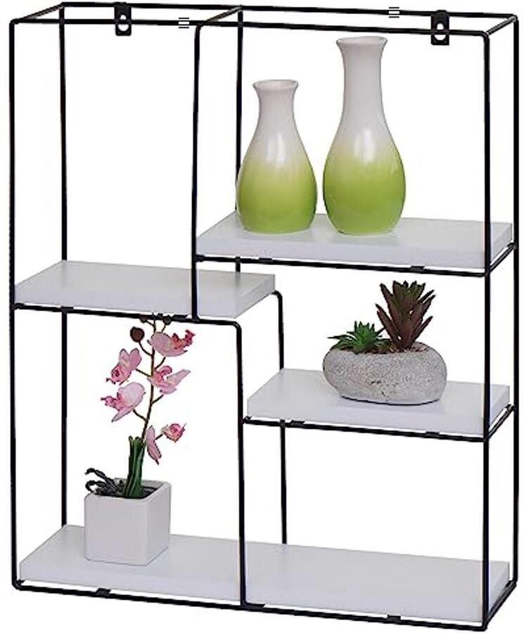 Industrieel wandrek met 4 planken in massief hout en metaal – 51 x 40 x 11 cm