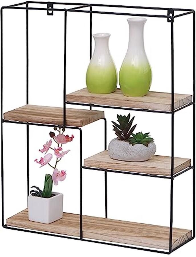 Industrieel Wandrek met 4 Planken van Massief Hout en Metaal voor Wandmontage 51 x 40 x 11 cm