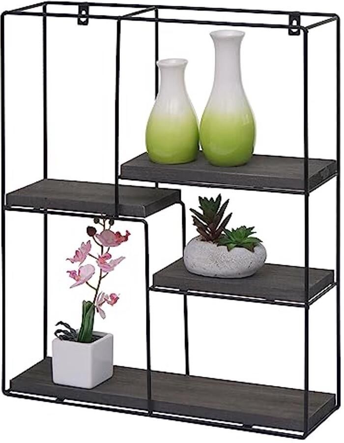 Industrieel Wandrek met 4 Planken Zwevend Metalen Onderstel en Massief Houten Planken (51 x 40 x 11 cm)