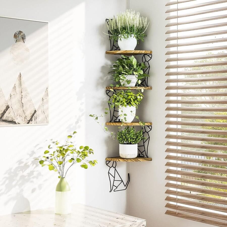 Pasamer Hoekrek voor de muur 4 verdiepingen zwevend rek van hout hondenvormig wandrek voor slaapkamer woonkamer badkamer keuken kantoor en meer bruin