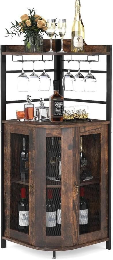 Industrieel Wijnkast Hoekkast met Wijnglasrek en Verstelbare Planken 46x46x130 cm